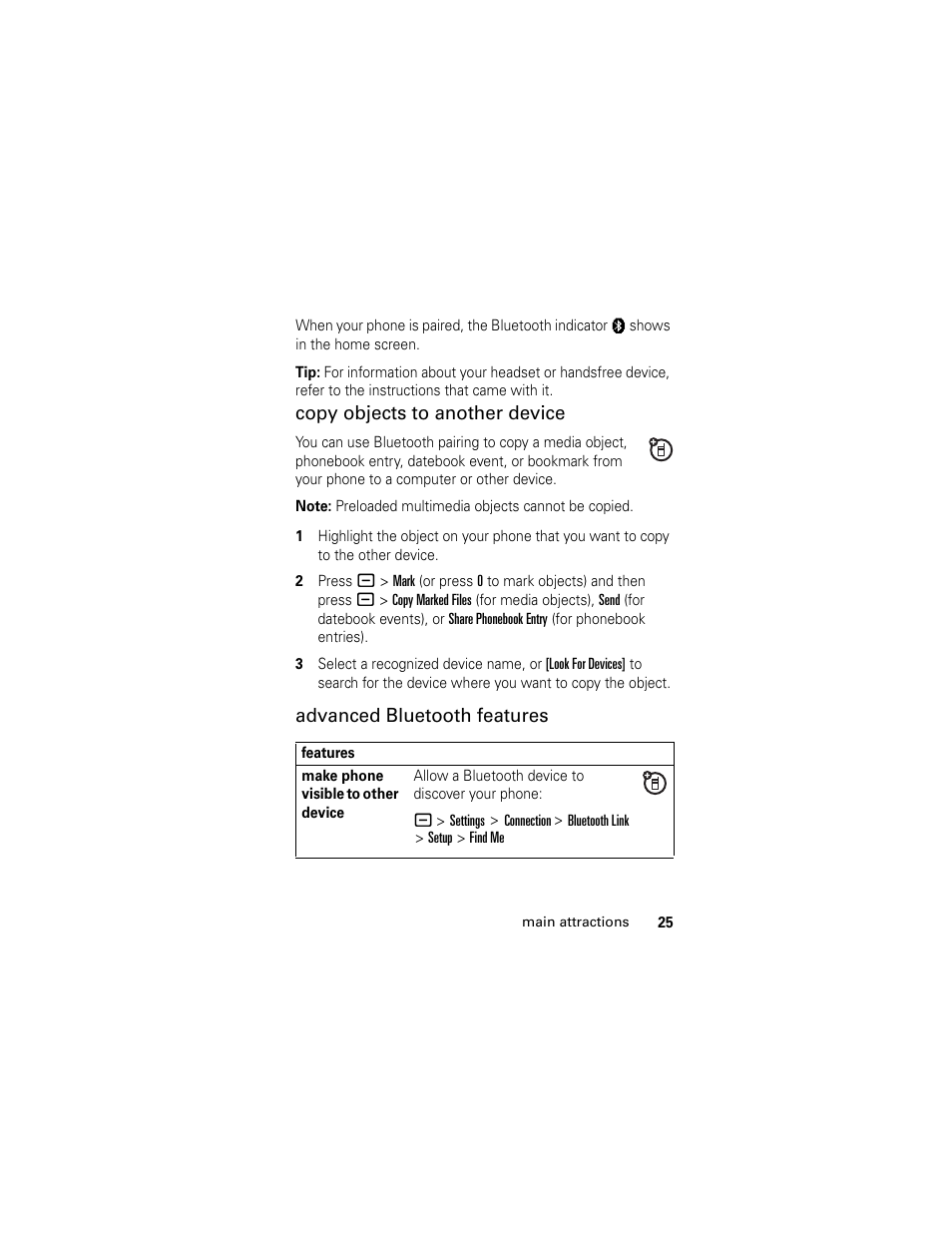 Copy objects to another device, Advanced bluetooth features | Motorola GSM L2 User Manual | Page 27 / 83