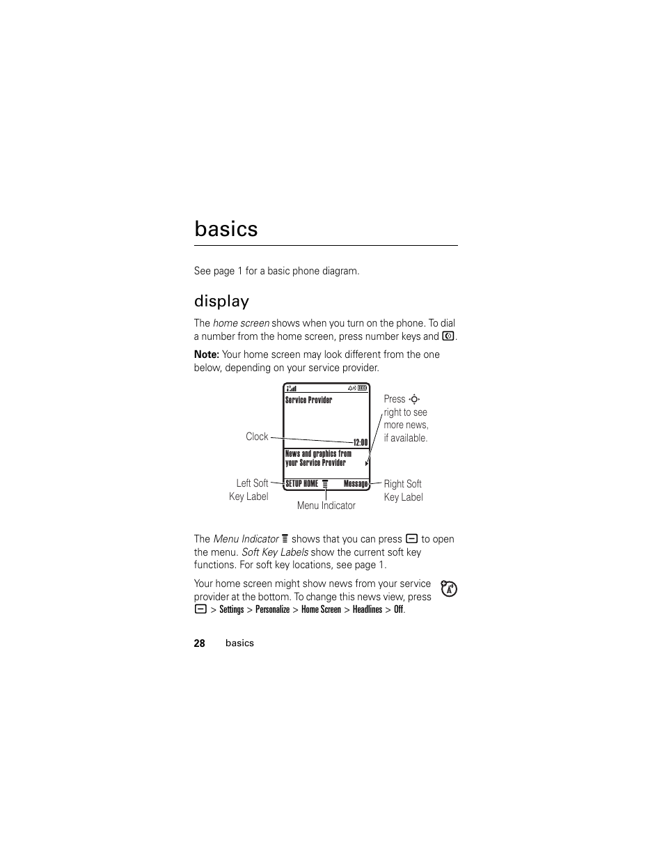 Basics, Display | Motorola GSM L2 User Manual | Page 30 / 83