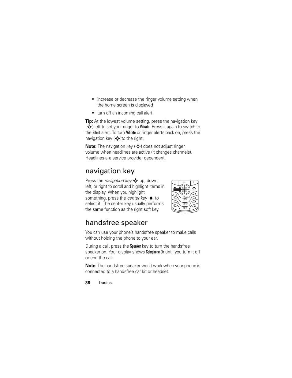 Navigation key, Handsfree speaker, Navigation key handsfree speaker | Motorola GSM L2 User Manual | Page 40 / 83