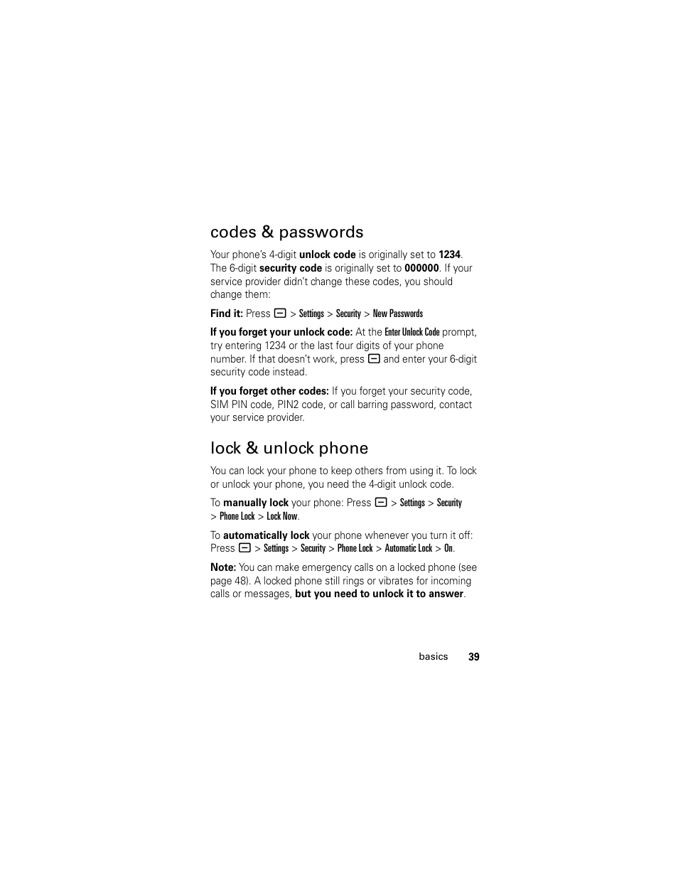 Codes & passwords, Lock & unlock phone, Codes & passwords lock & unlock phone . 39 | Motorola GSM L2 User Manual | Page 41 / 83