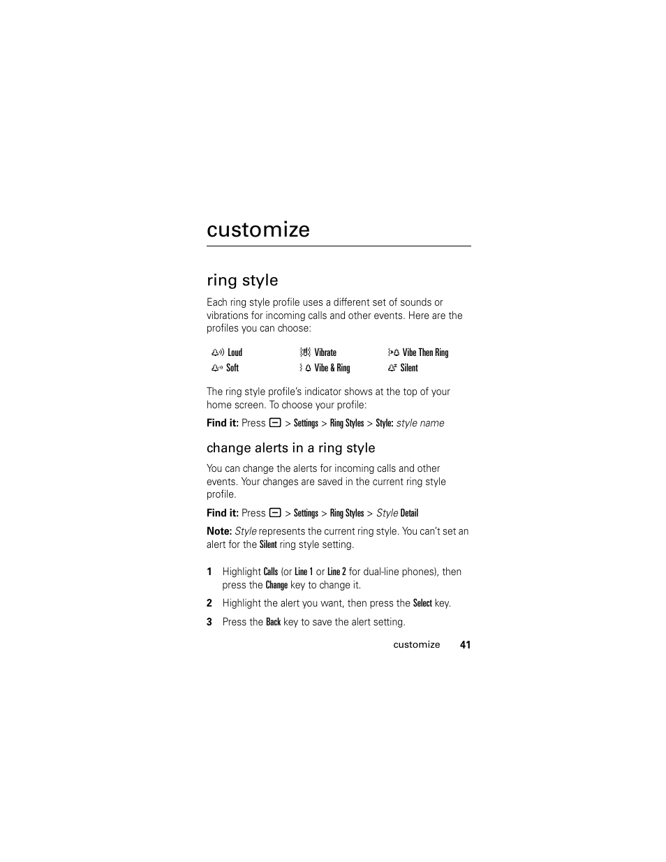 Customize, Ring style | Motorola GSM L2 User Manual | Page 43 / 83