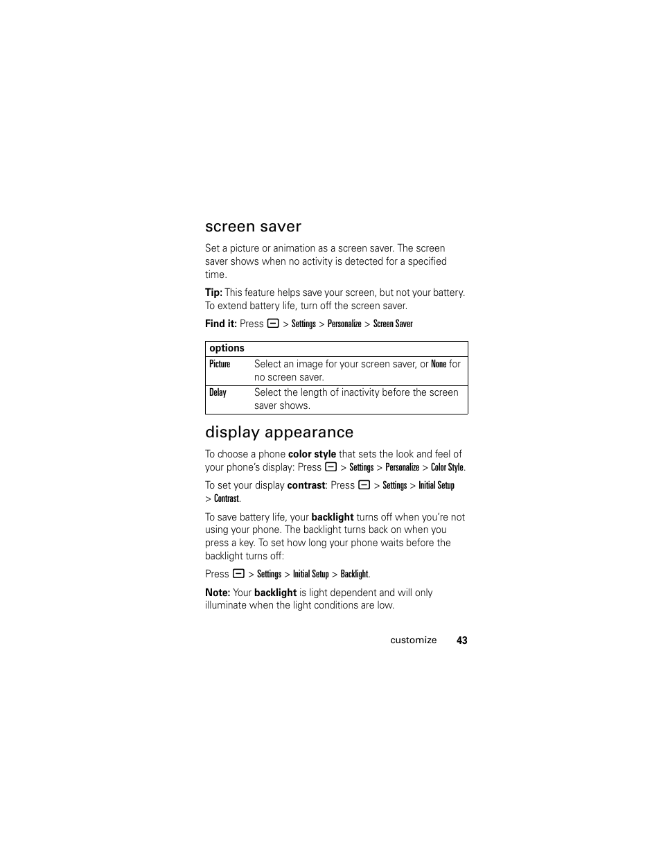 Screen saver, Display appearance, Screen saver display appearance | Motorola GSM L2 User Manual | Page 45 / 83