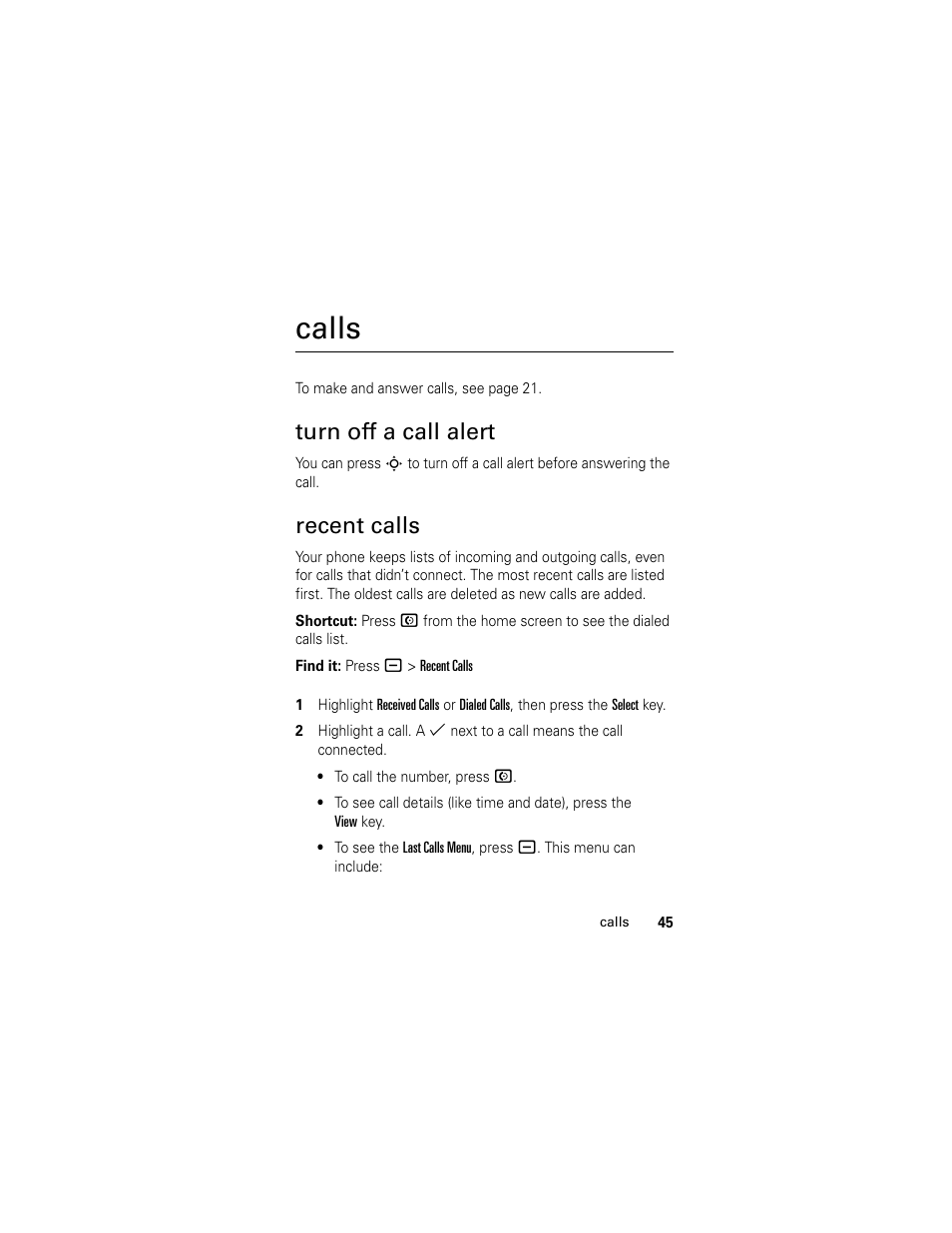 Calls, Turn off a call alert, Recent calls | Turn off a call alert recent calls | Motorola GSM L2 User Manual | Page 47 / 83