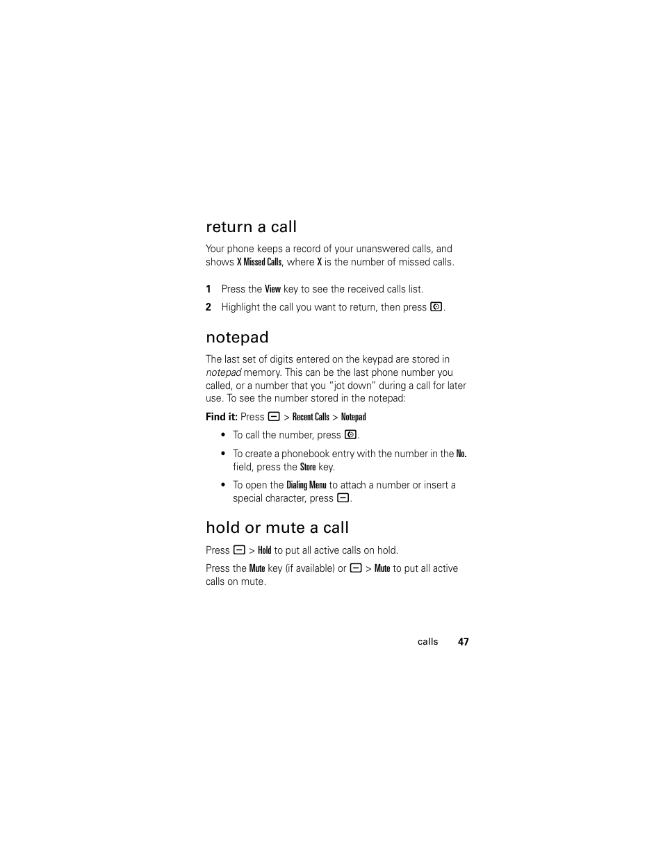 Return a call, Notepad, Hold or mute a call | Return a call notepad hold or mute a call | Motorola GSM L2 User Manual | Page 49 / 83