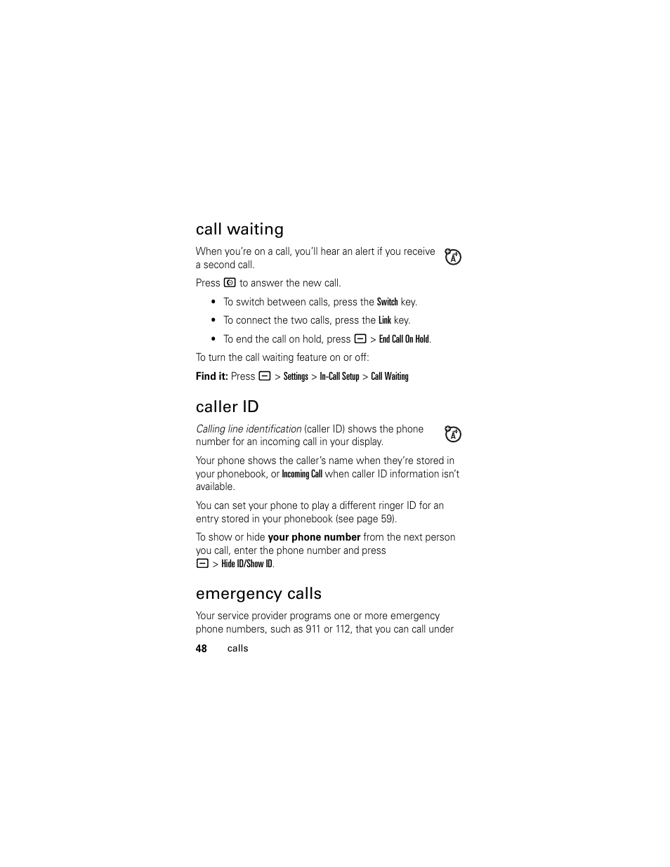 Call waiting, Caller id, Emergency calls | Call waiting caller id emergency calls | Motorola GSM L2 User Manual | Page 50 / 83