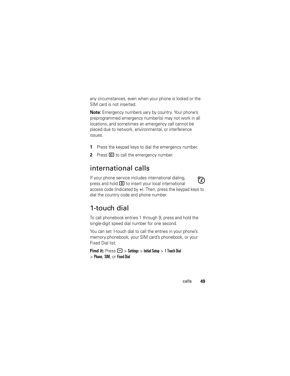 International calls, Touch dial, International calls 1-touch dial | Motorola GSM L2 User Manual | Page 51 / 83