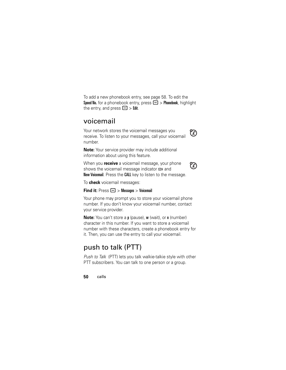 Voicemail, Push to talk (ptt), Voicemail push to talk (ptt) | Motorola GSM L2 User Manual | Page 52 / 83