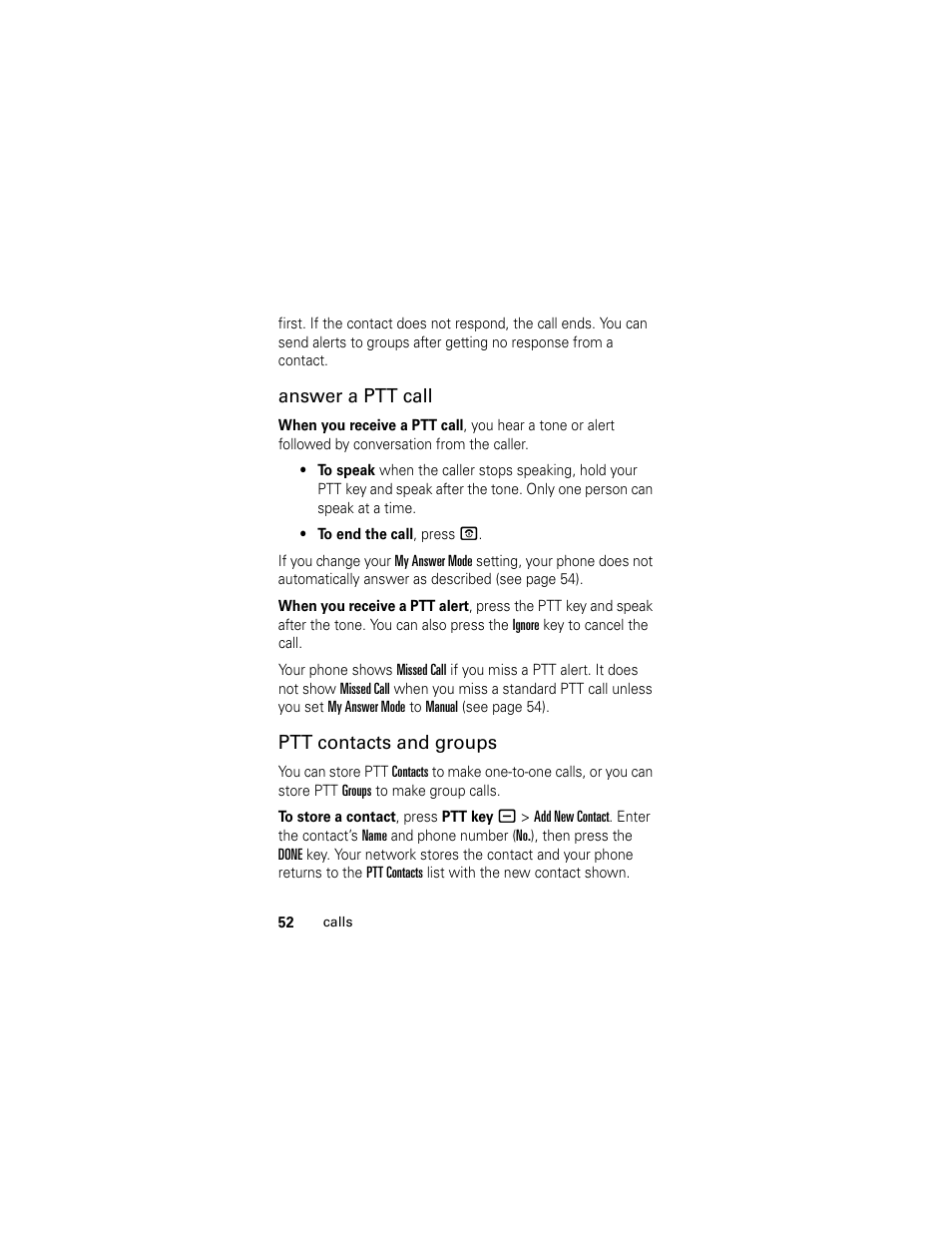 Answer a ptt call, Ptt contacts and groups | Motorola GSM L2 User Manual | Page 54 / 83