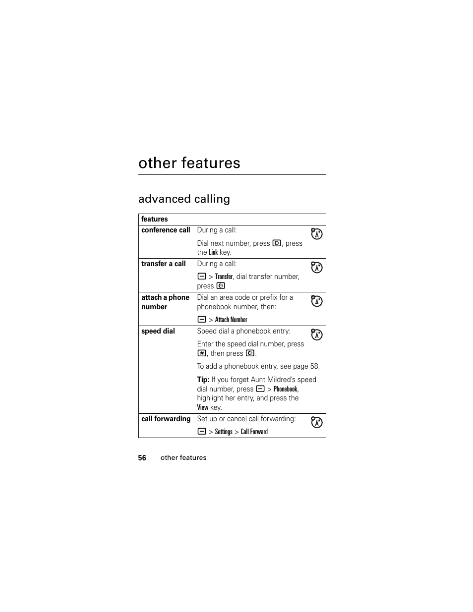 Other features, Advanced calling | Motorola GSM L2 User Manual | Page 58 / 83