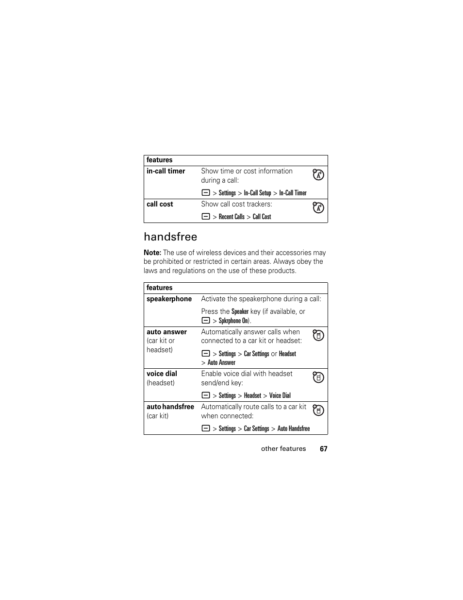 Handsfree | Motorola GSM L2 User Manual | Page 69 / 83