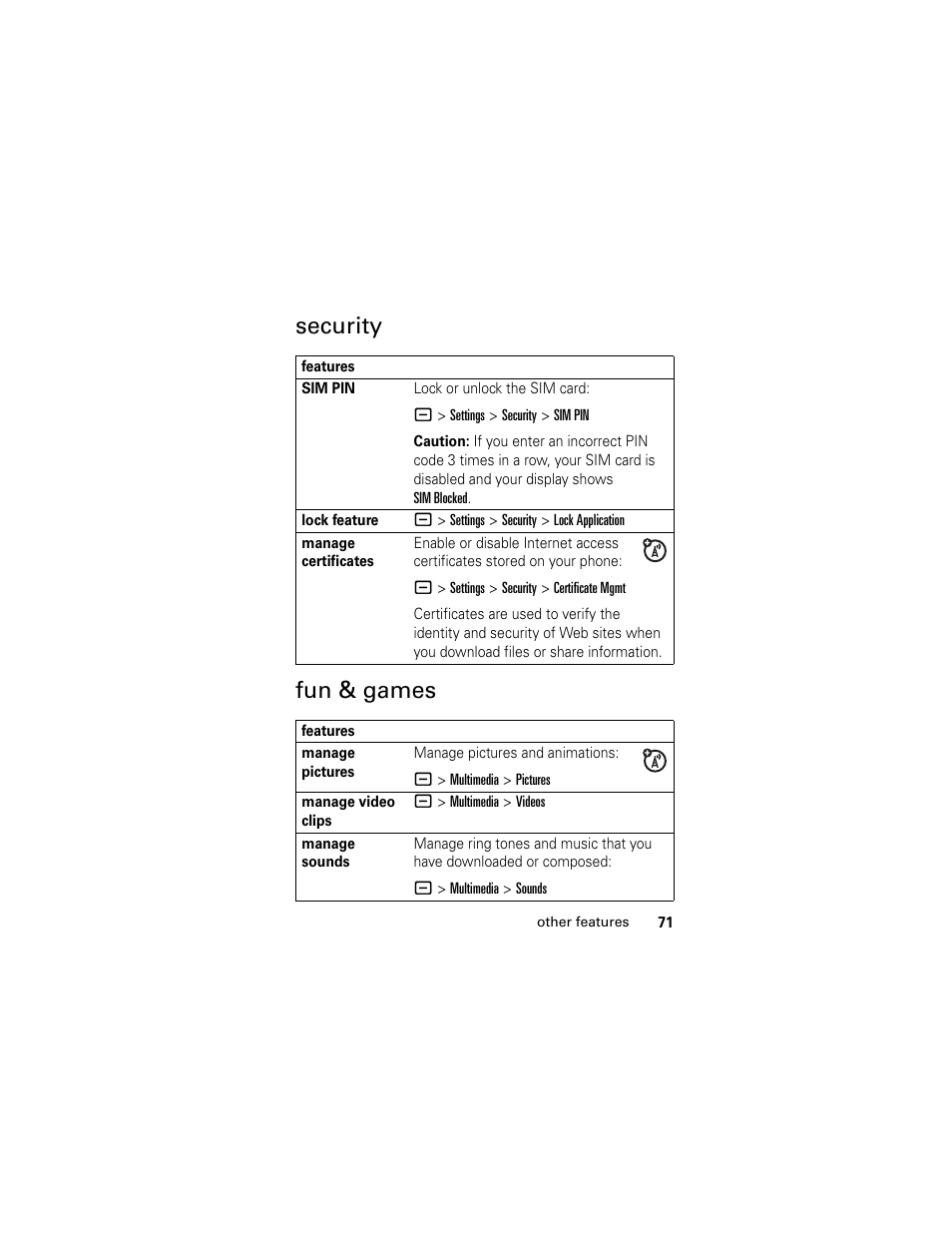 Security, Fun & games, Security fun & games | Motorola GSM L2 User Manual | Page 73 / 83