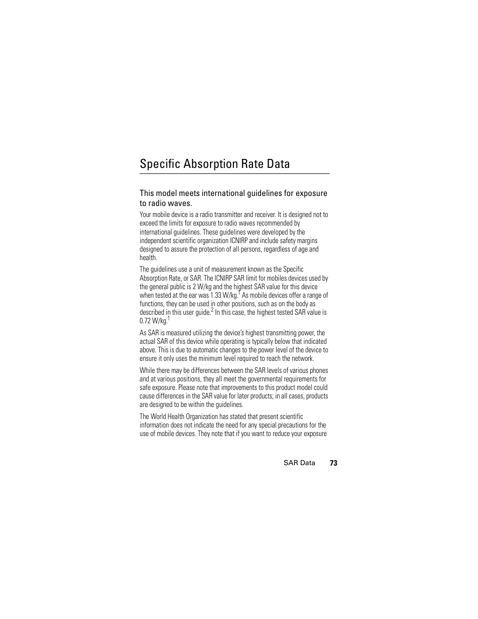 Sar data, Specific absorption rate data | Motorola GSM L2 User Manual | Page 75 / 83