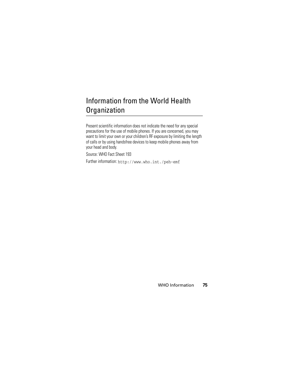 Information from the world health organization | Motorola GSM L2 User Manual | Page 77 / 83