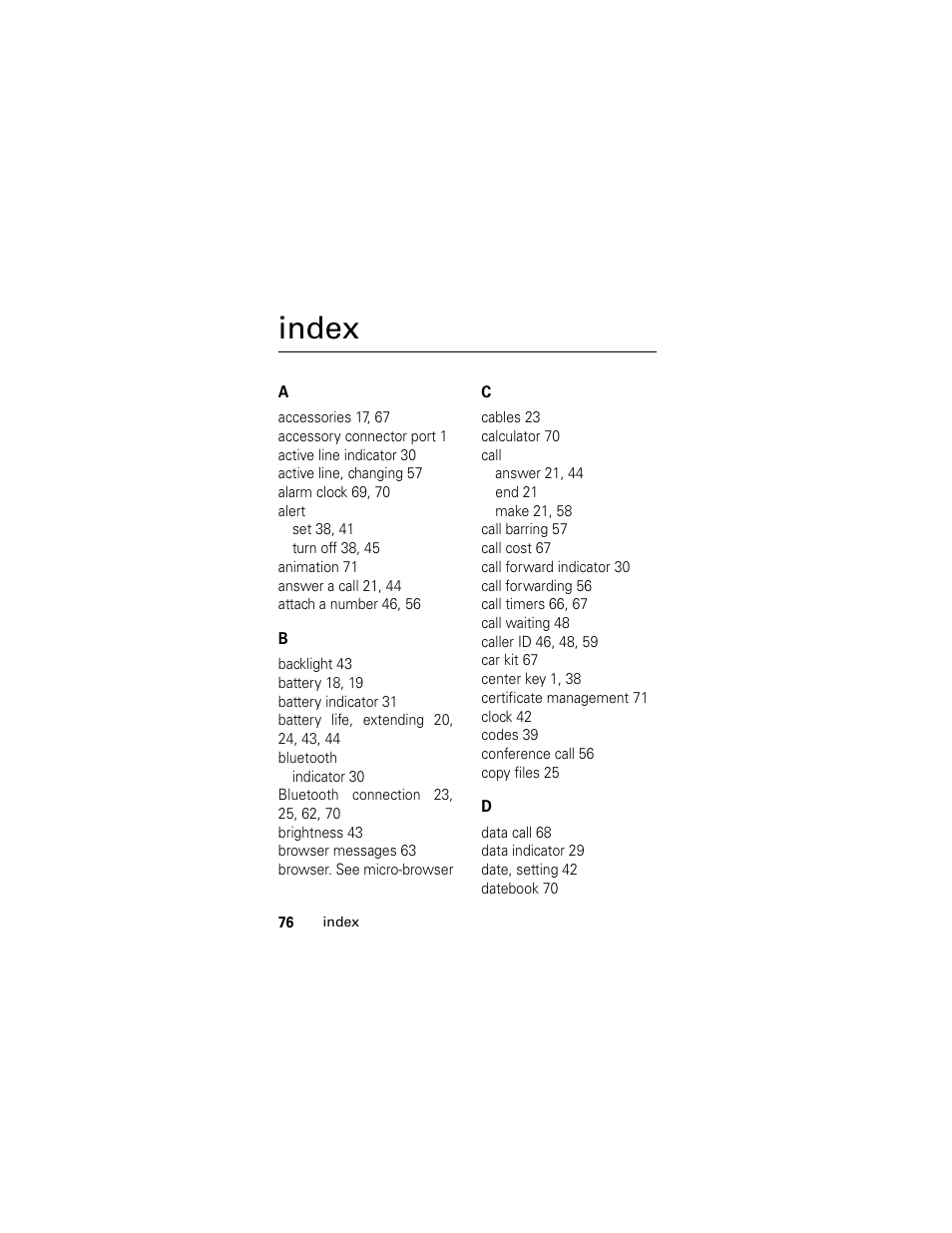 Index | Motorola GSM L2 User Manual | Page 78 / 83