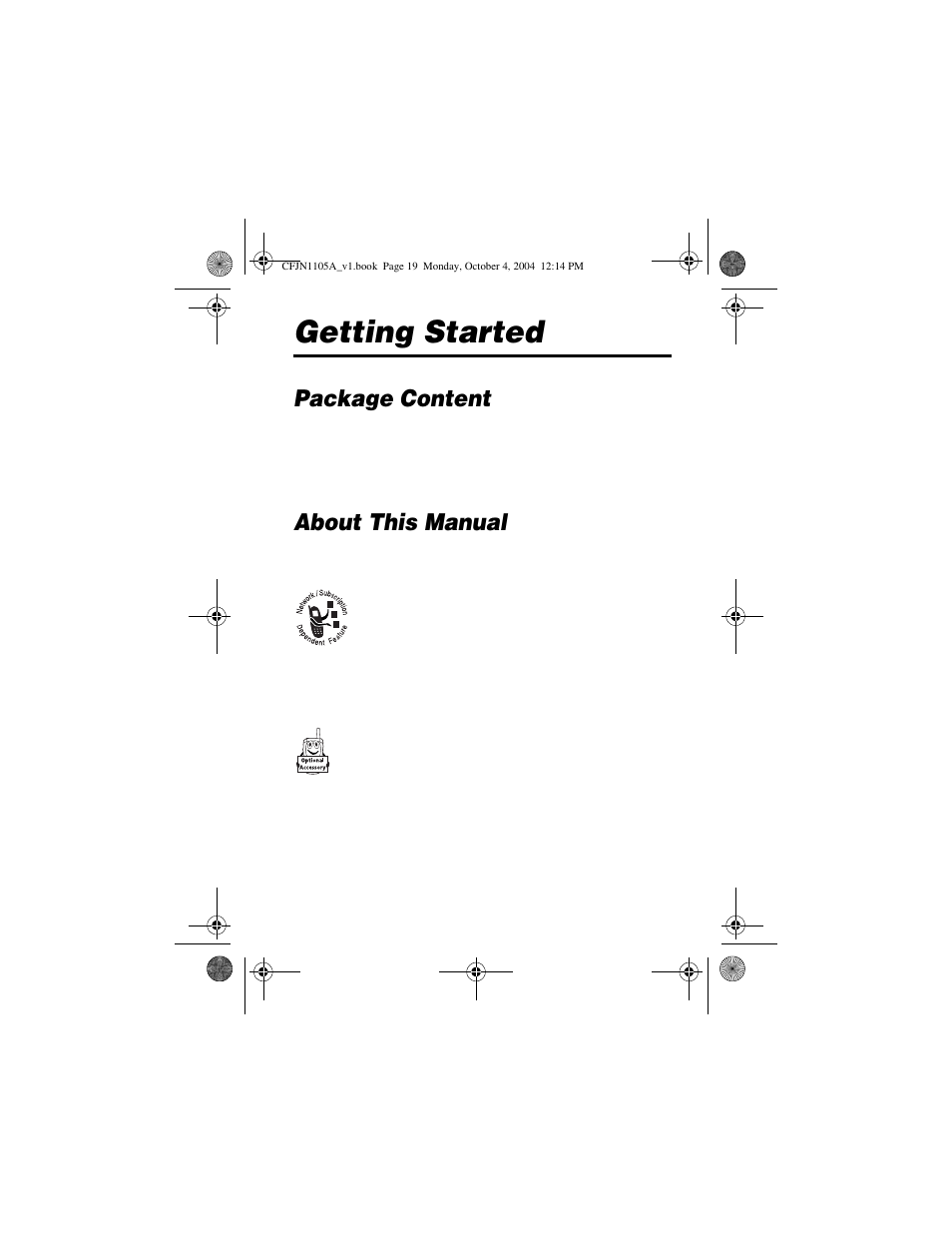 Getting started, Package content, About this manual | Motorola C156 User Manual | Page 19 / 106