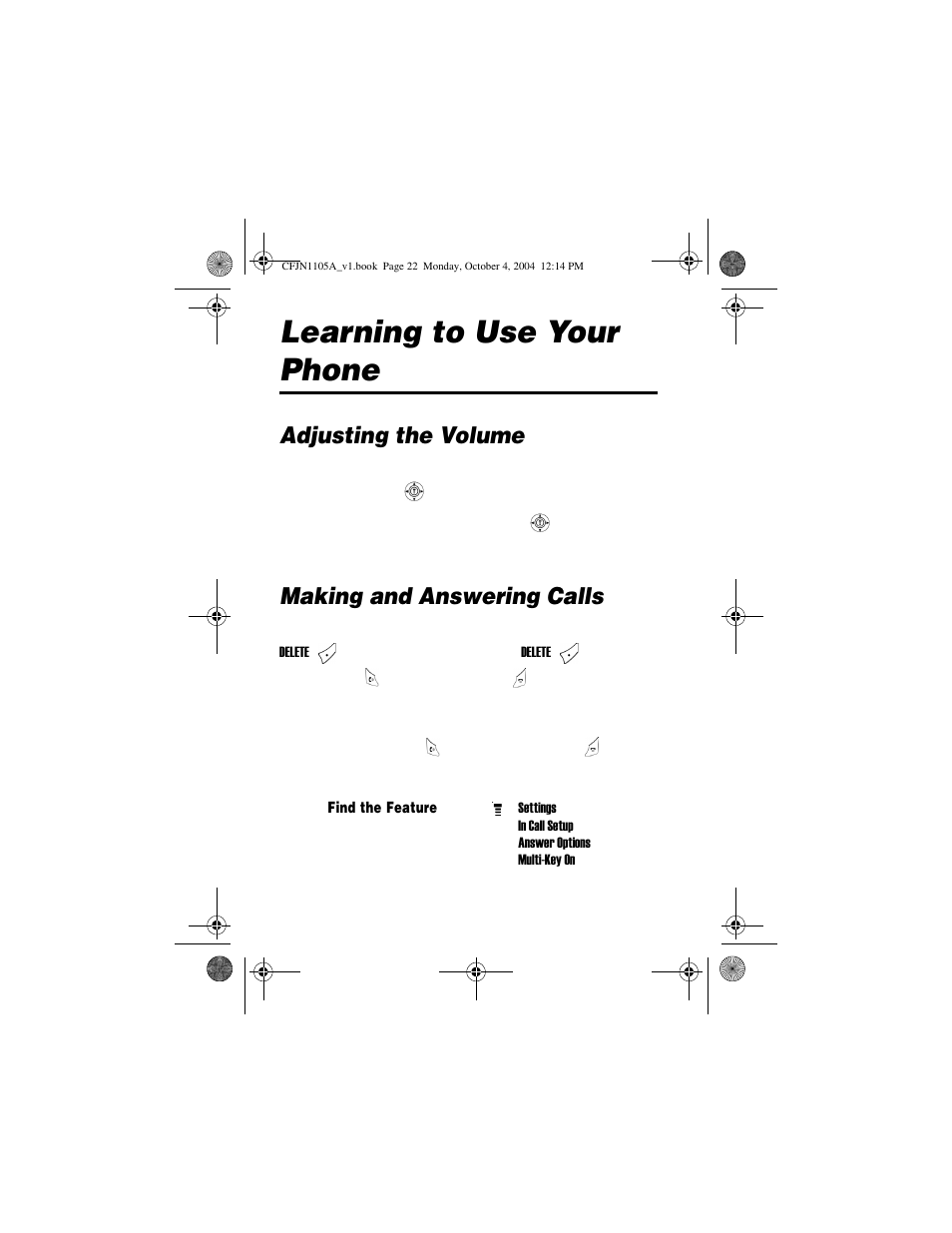 Learning to use your phone, Adjusting the volume, Making and answering calls | Motorola C156 User Manual | Page 22 / 106