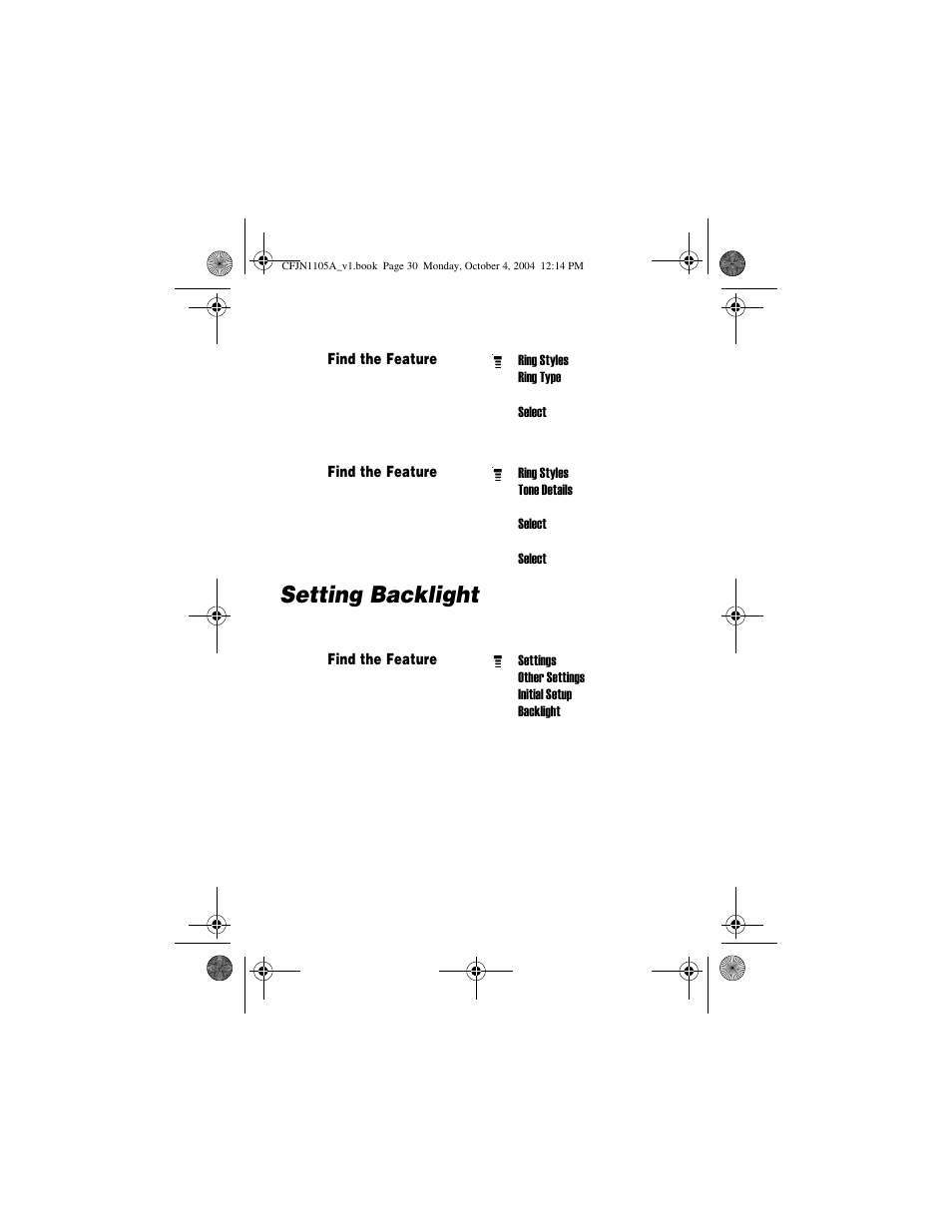 Setting backlight | Motorola C156 User Manual | Page 30 / 106