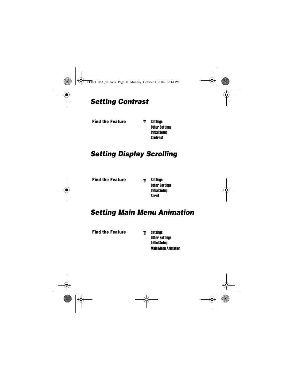 Setting contrast, Setting display scrolling, Setting main menu animation | Motorola C156 User Manual | Page 31 / 106