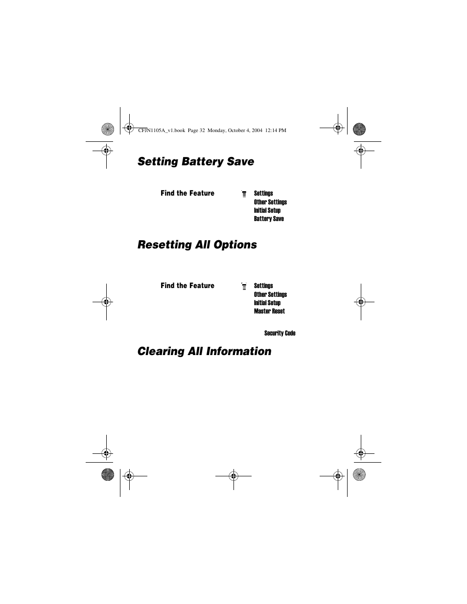 Setting battery save, Resetting all options, Clearing all information | Motorola C156 User Manual | Page 32 / 106