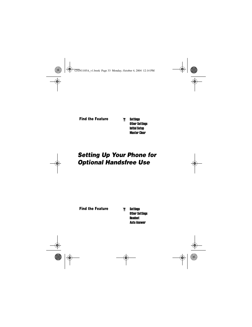 Setting up your phone for optional handsfree use | Motorola C156 User Manual | Page 33 / 106