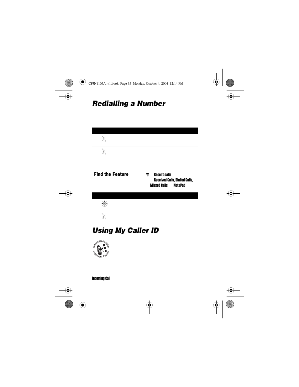 Redialling a number, Using my caller id | Motorola C156 User Manual | Page 35 / 106