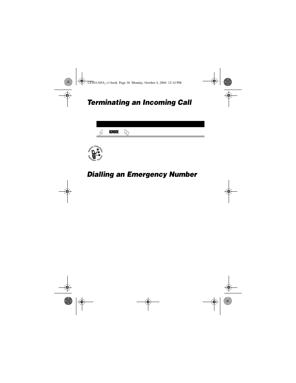 Terminating an incoming call, Dialling an emergency number | Motorola C156 User Manual | Page 36 / 106