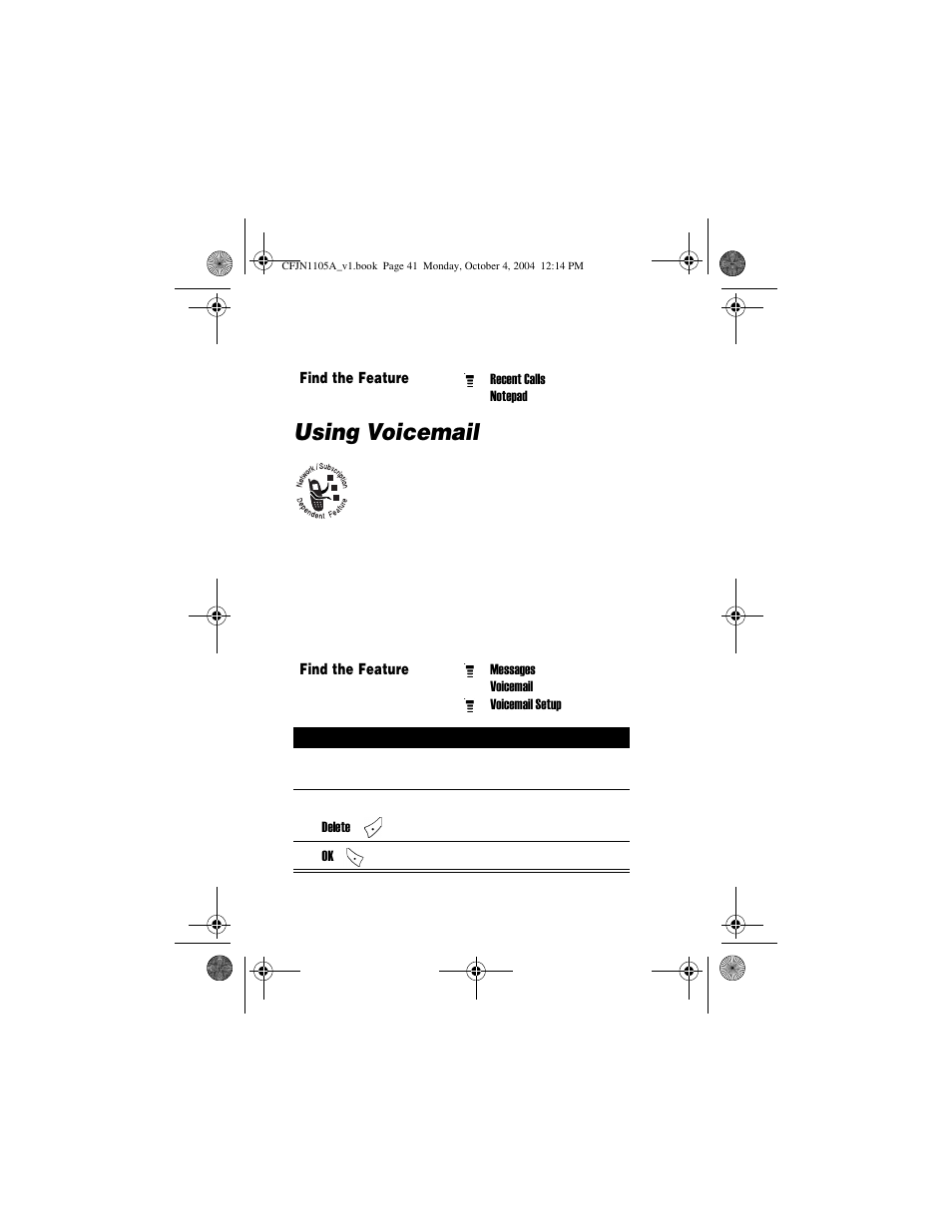 Using voicemail, Storing / changing your voicemail number | Motorola C156 User Manual | Page 41 / 106