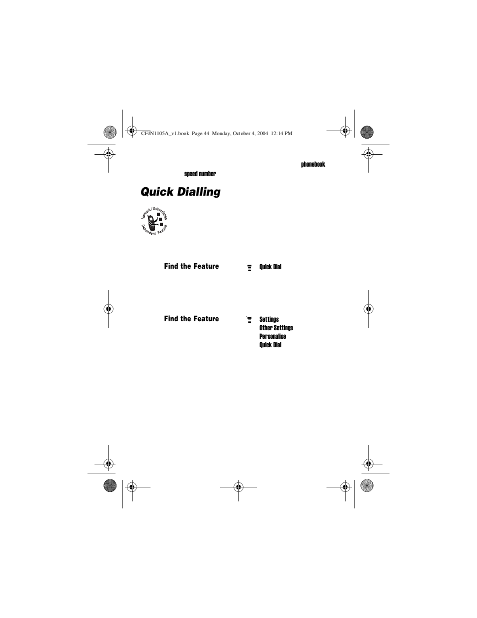 Quick dialling | Motorola C156 User Manual | Page 44 / 106