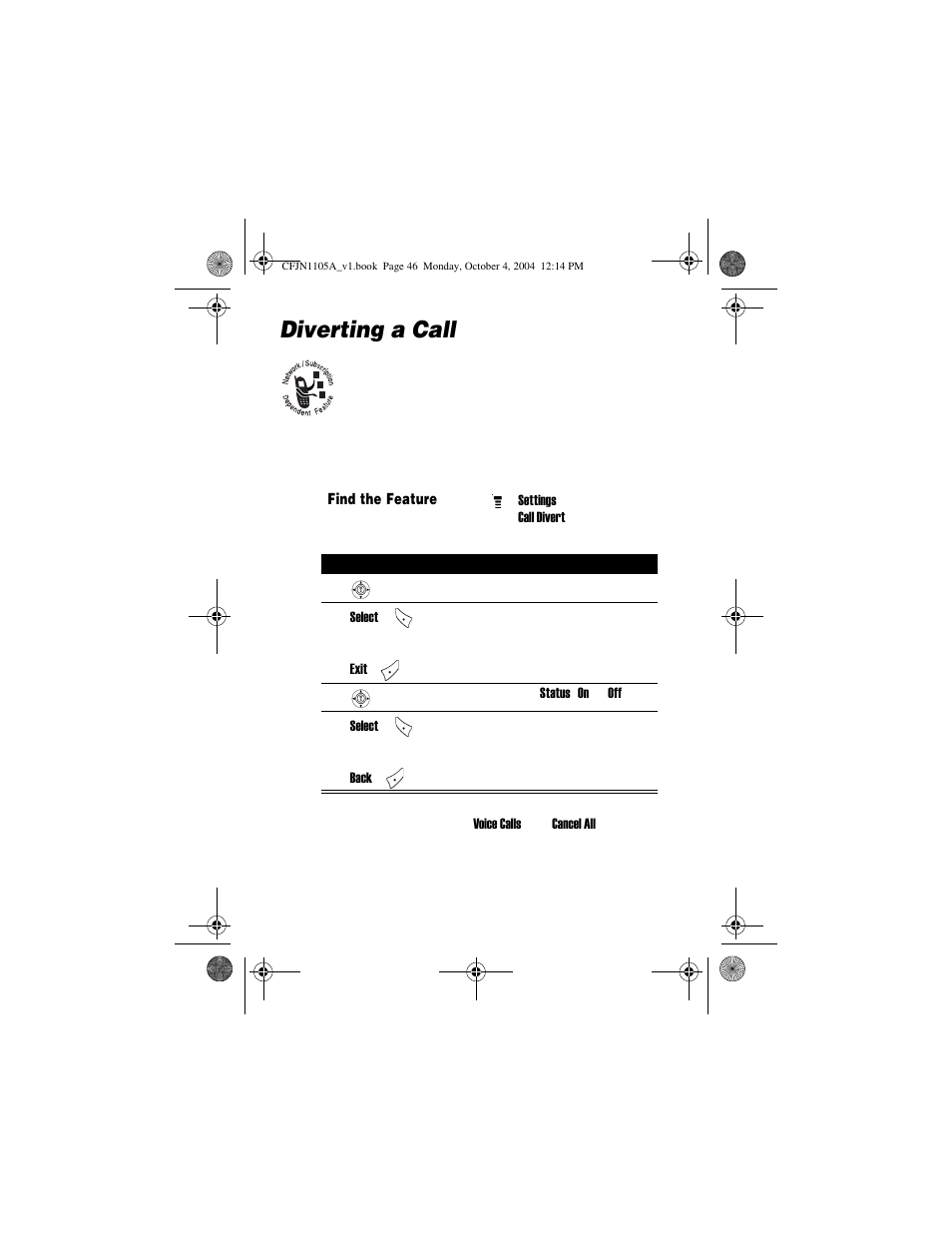 Diverting a call, Set up or cancel call diverting | Motorola C156 User Manual | Page 46 / 106