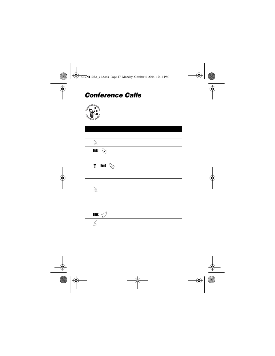Conference calls | Motorola C156 User Manual | Page 47 / 106