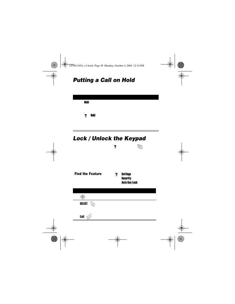 Putting a call on hold, Lock / unlock the keypad, Auto key lock | Motorola C156 User Manual | Page 49 / 106