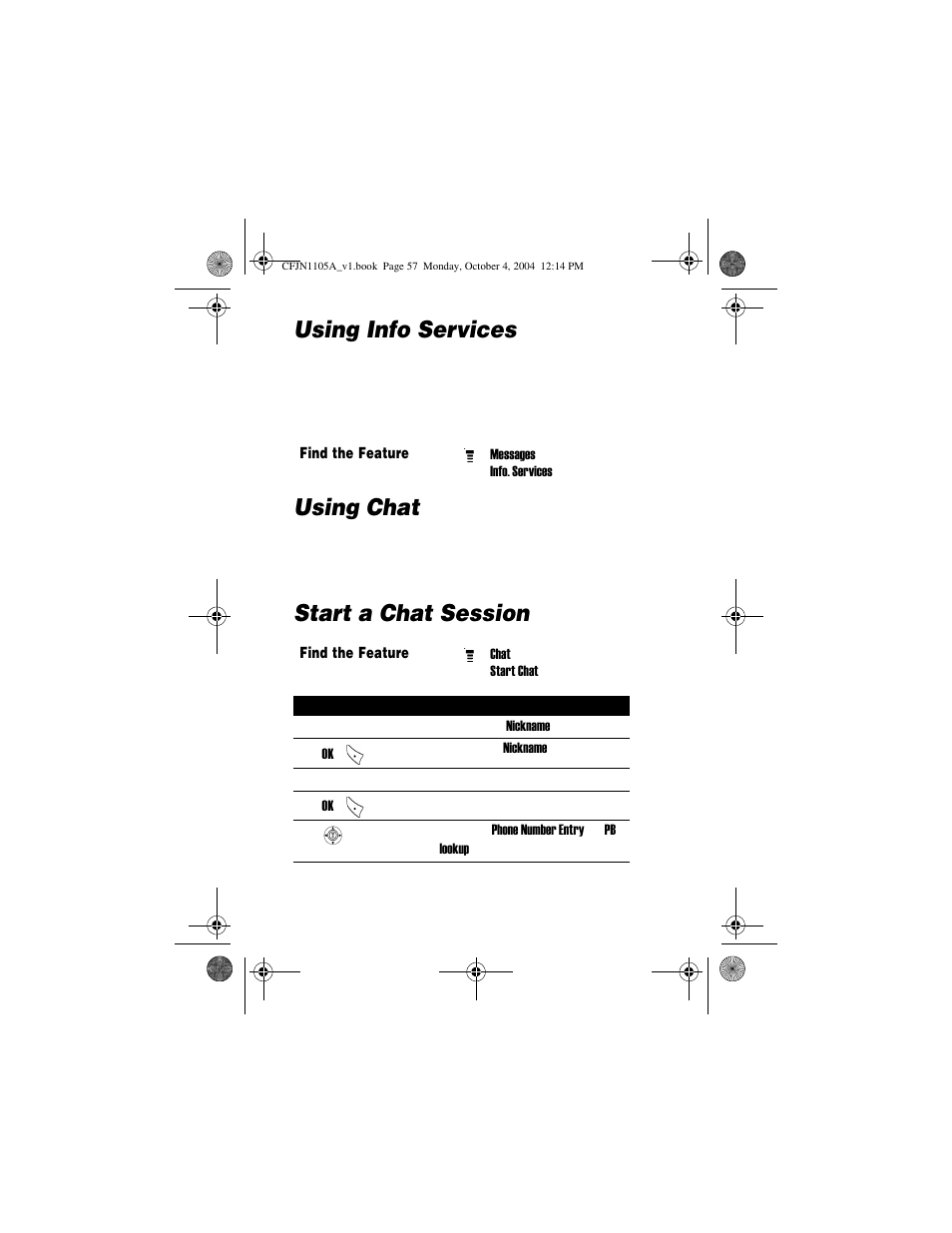 Using info services, Using chat, Start a chat session | Motorola C156 User Manual | Page 57 / 106