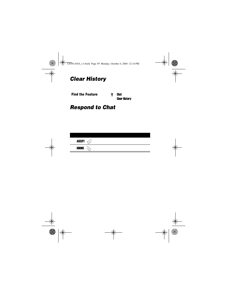 Clear history, Respond to chat | Motorola C156 User Manual | Page 59 / 106