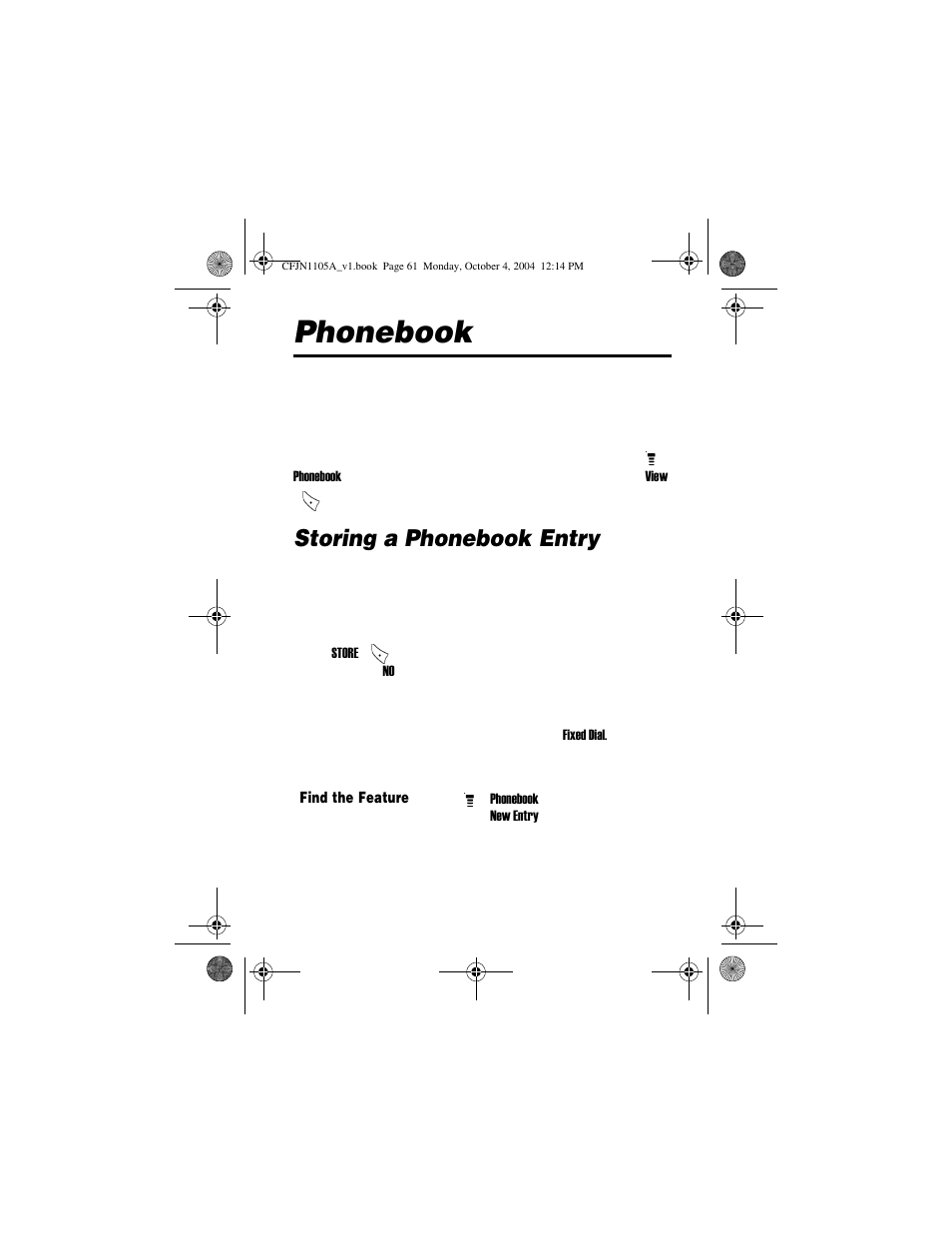 Phonebook, Storing a phonebook entry, Enter information | Motorola C156 User Manual | Page 61 / 106