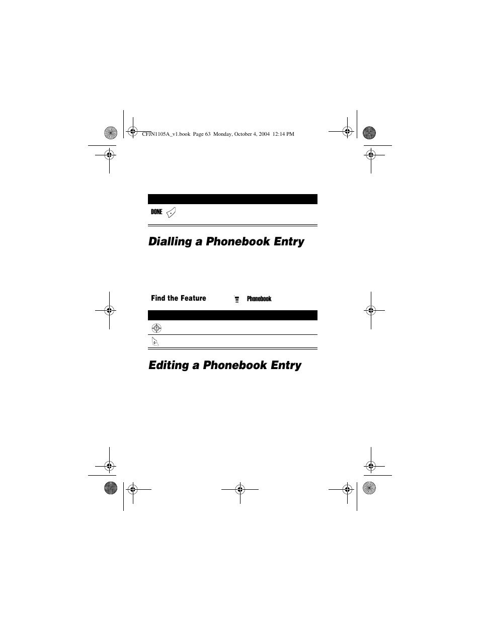 Dialling a phonebook entry, Editing a phonebook entry | Motorola C156 User Manual | Page 63 / 106