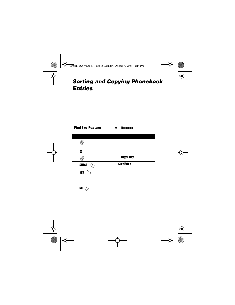 Sorting and copying phonebook entries, Copy a single entry | Motorola C156 User Manual | Page 65 / 106