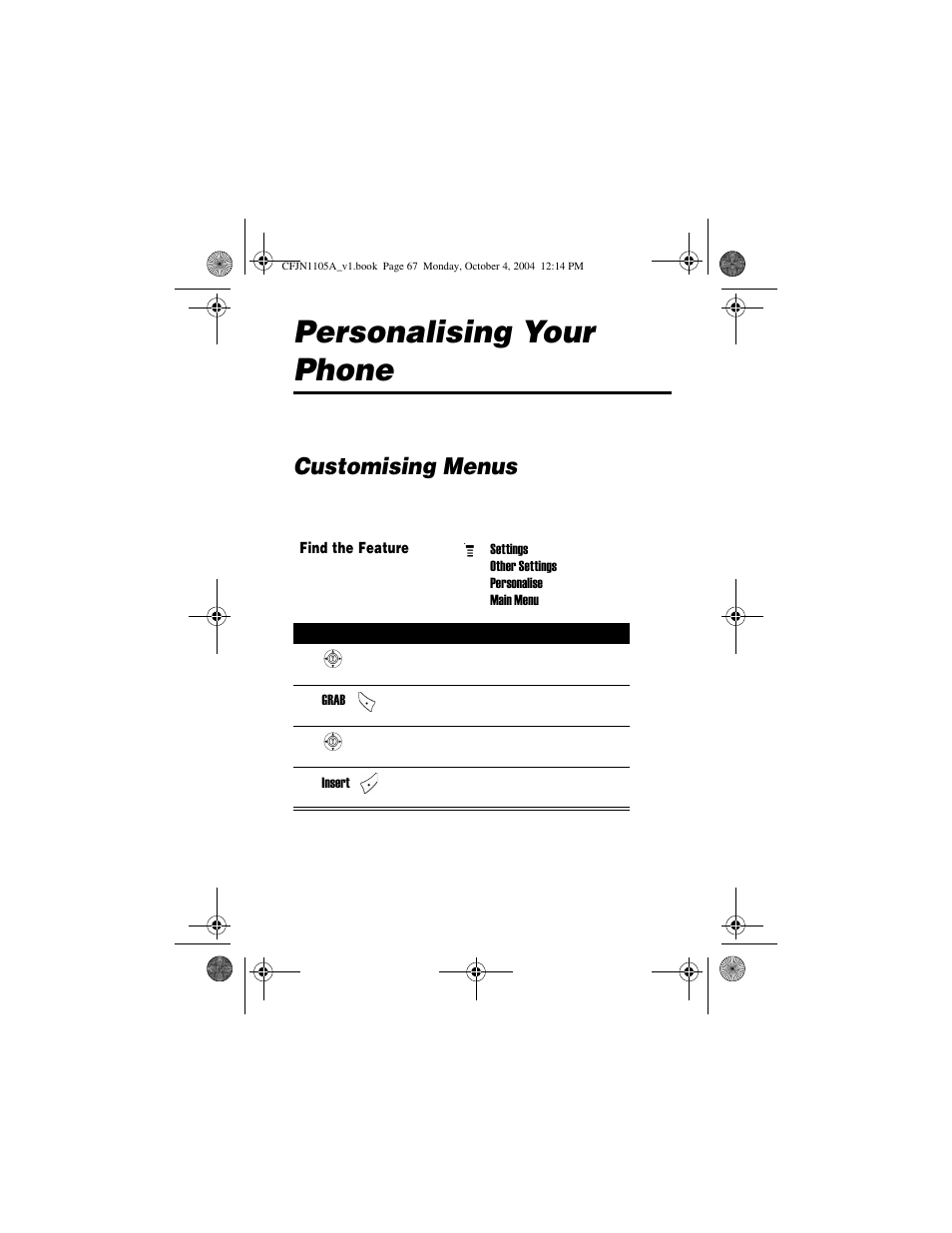Personalising your phone, Customising menus | Motorola C156 User Manual | Page 67 / 106