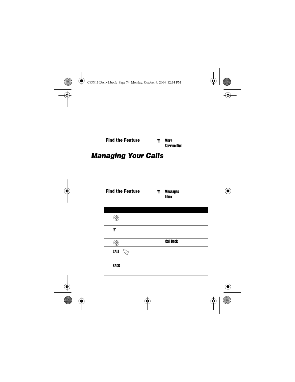 Managing your calls, Service dialling, Calling a number in a text message | Motorola C156 User Manual | Page 74 / 106