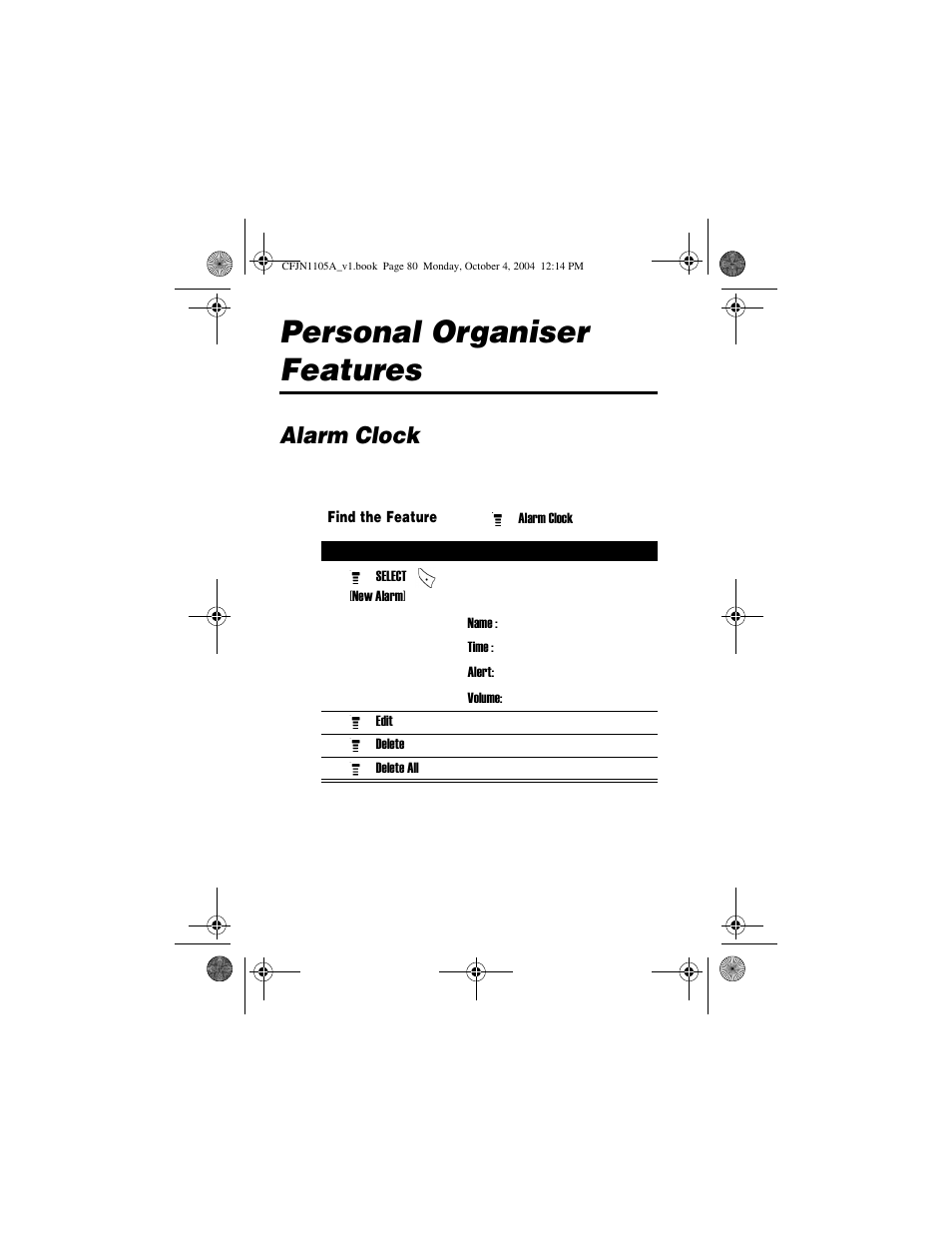 Personal organiser features, Alarm clock | Motorola C156 User Manual | Page 80 / 106