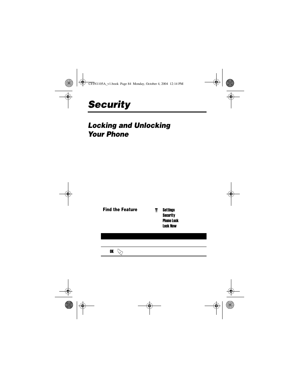 Security, Locking and unlocking your phone | Motorola C156 User Manual | Page 84 / 106