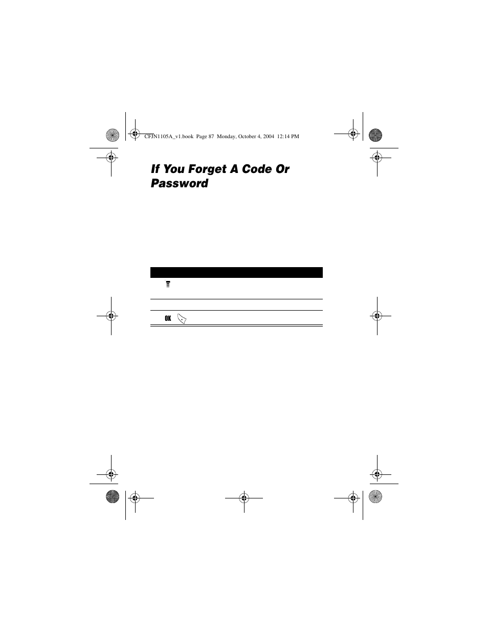 If you forget a code or password | Motorola C156 User Manual | Page 87 / 106