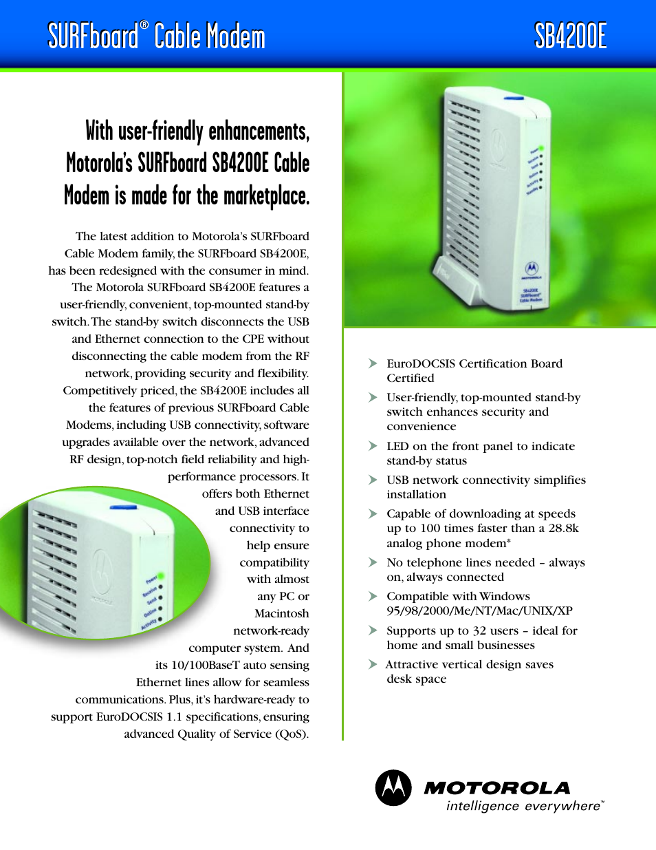 Motorola SURFboard Cable Modem SB4200E User Manual | 2 pages