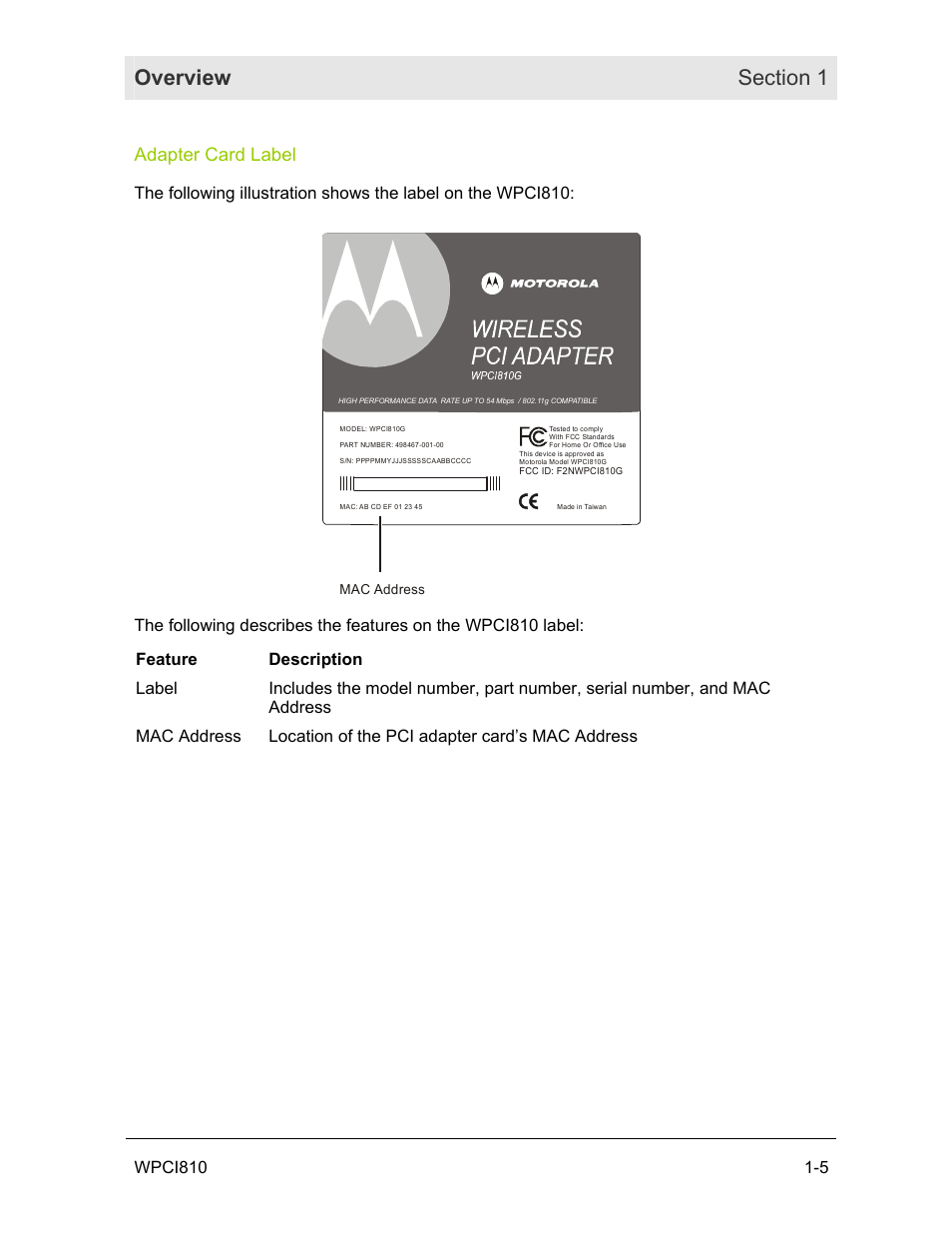 Adapter card label | Motorola WPCI810G User Manual | Page 10 / 56