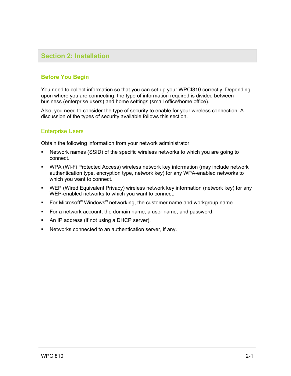 Section 2: installation, Before you begin, Enterprise users | Motorola WPCI810G User Manual | Page 11 / 56