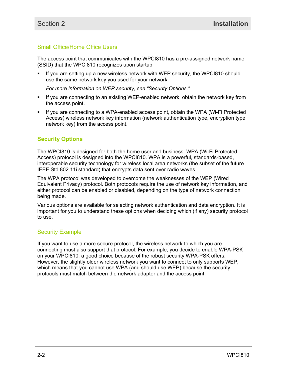 Small office/home office users, Security options, Security example | Motorola WPCI810G User Manual | Page 12 / 56