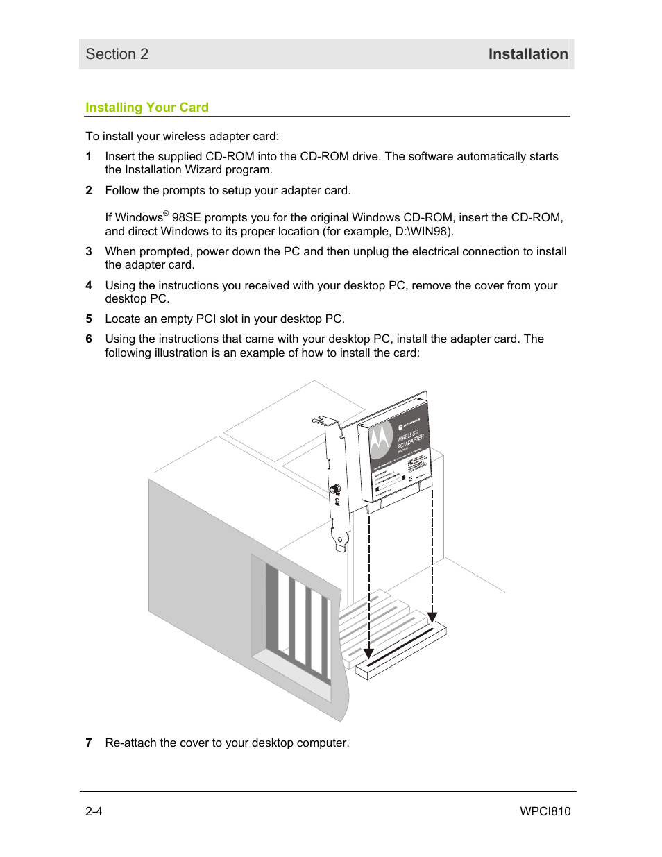 Installing your card | Motorola WPCI810G User Manual | Page 14 / 56