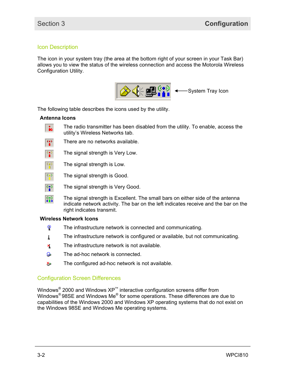Icon description, Configuration screen differences | Motorola WPCI810G User Manual | Page 17 / 56