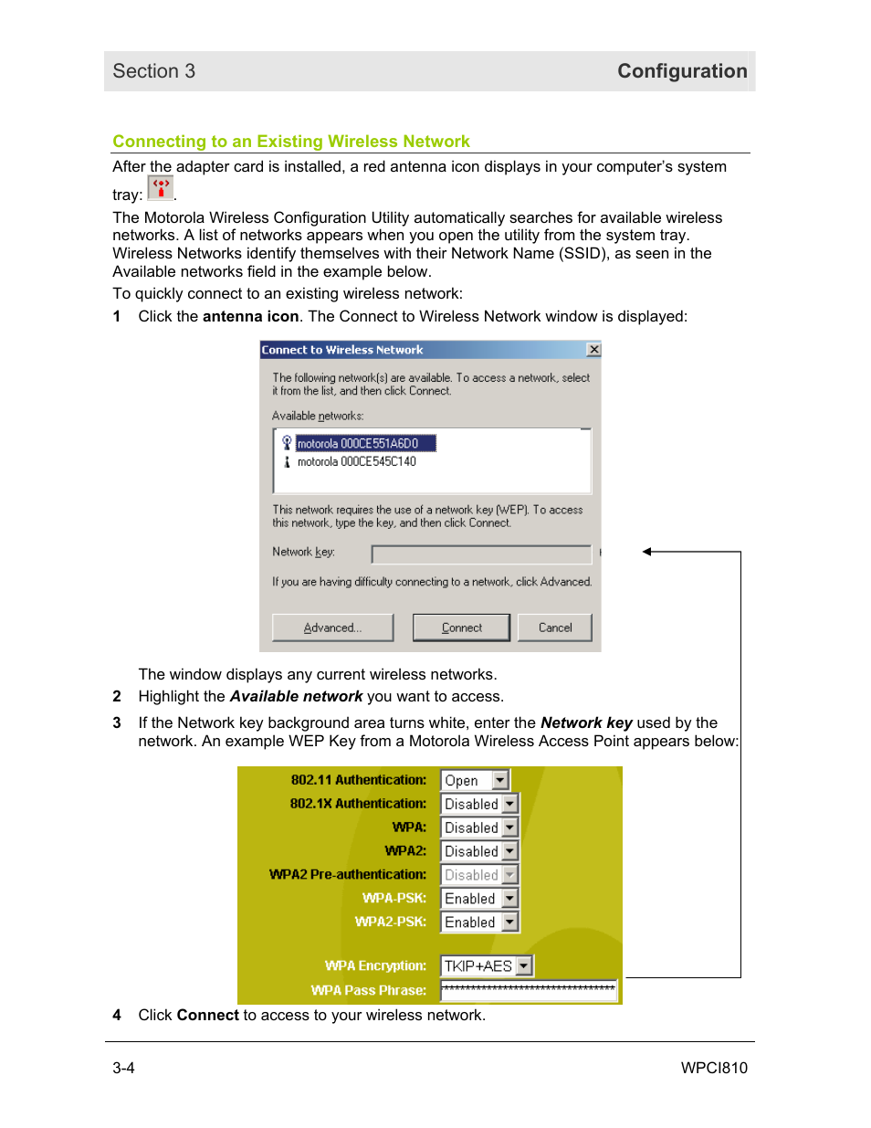 Connecting to an existing wireless network | Motorola WPCI810G User Manual | Page 19 / 56
