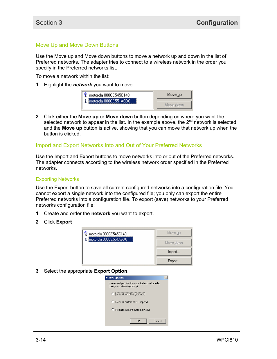 Move up and move down buttons, Exporting networks | Motorola WPCI810G User Manual | Page 29 / 56