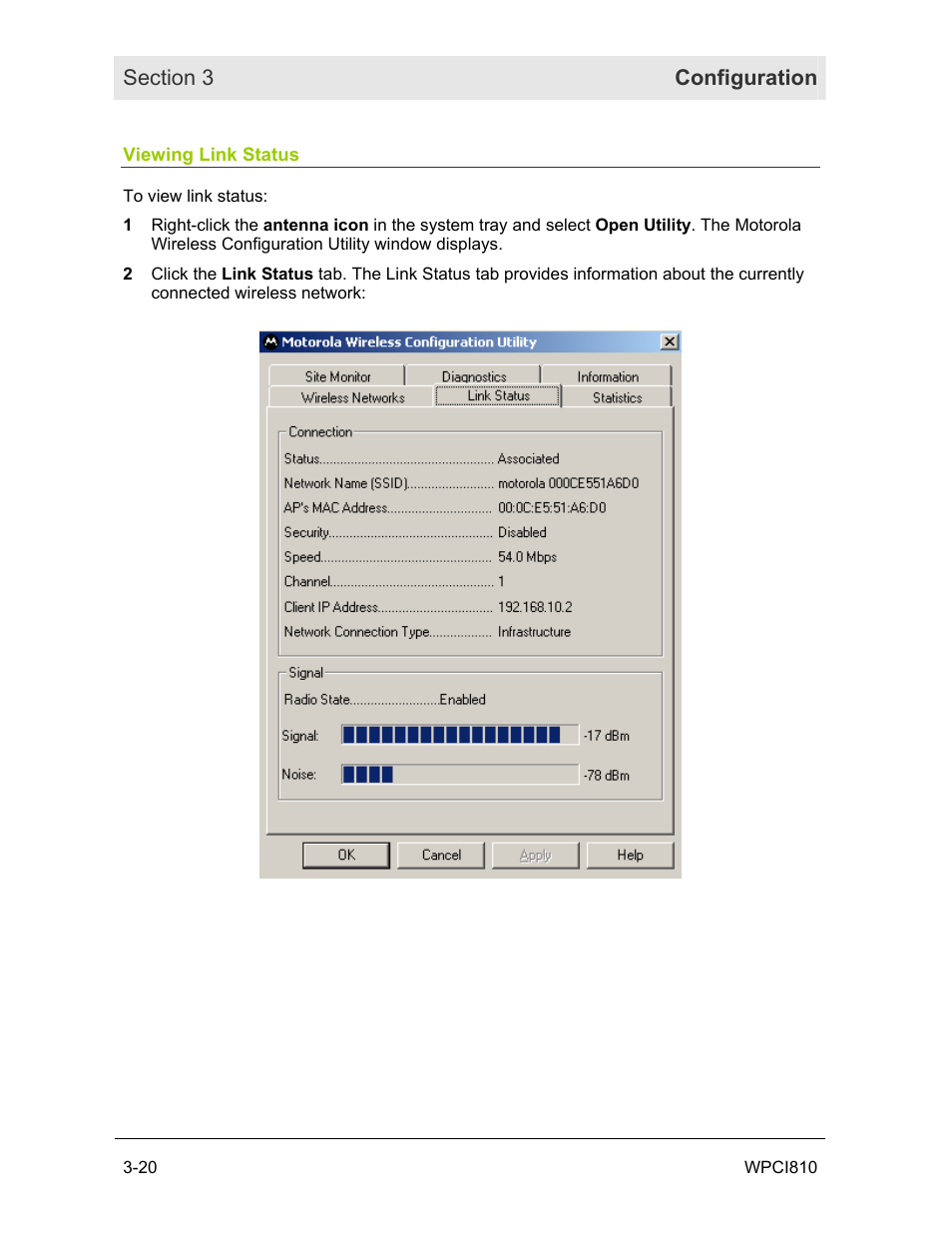 Viewing link status | Motorola WPCI810G User Manual | Page 35 / 56